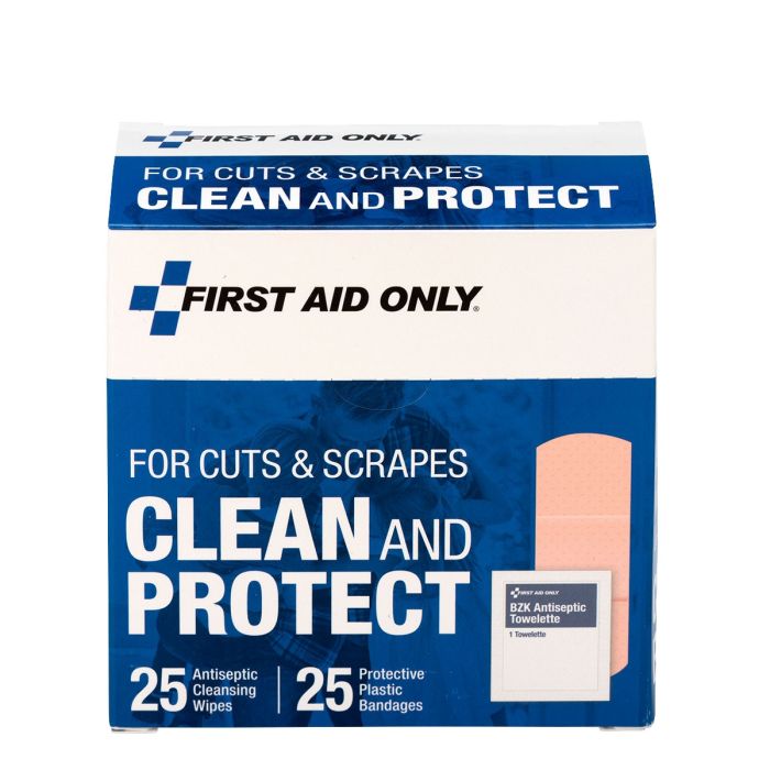 First Aid Only Clean And Protect For Cuts & Scrapes With 25 BZK Antiseptic Wipes And 25 Protective Plastic Bandages, 1"" X 3"" And 3/4"" X 3""