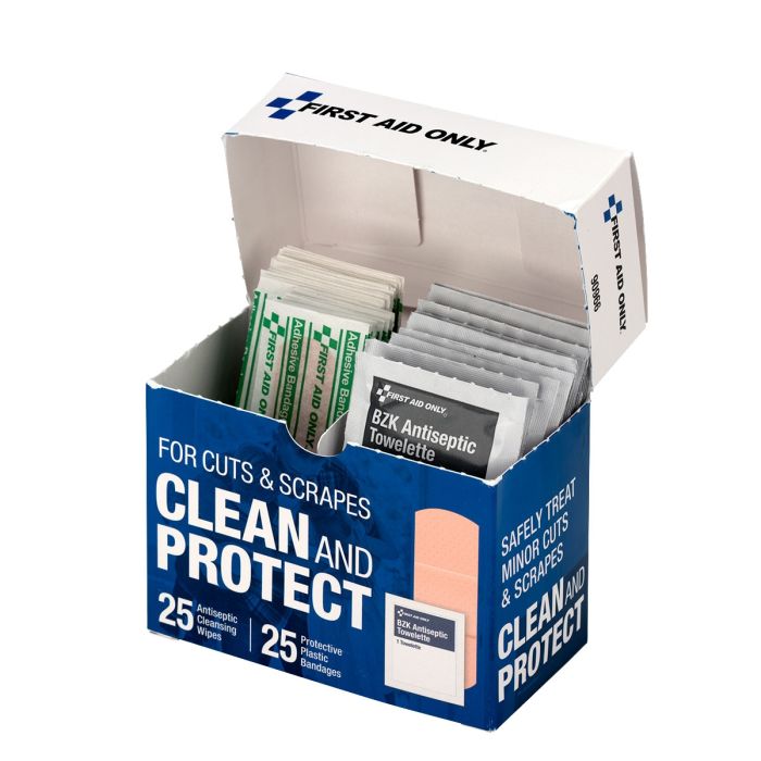 First Aid Only Clean And Protect For Cuts & Scrapes With 25 BZK Antiseptic Wipes And 25 Protective Plastic Bandages, 1"" X 3"" And 3/4"" X 3""