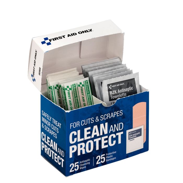 First Aid Only Clean And Protect For Cuts & Scrapes With 25 BZK Antiseptic Wipes And 25 Protective Plastic Bandages, 1"" X 3"" And 3/4"" X 3""