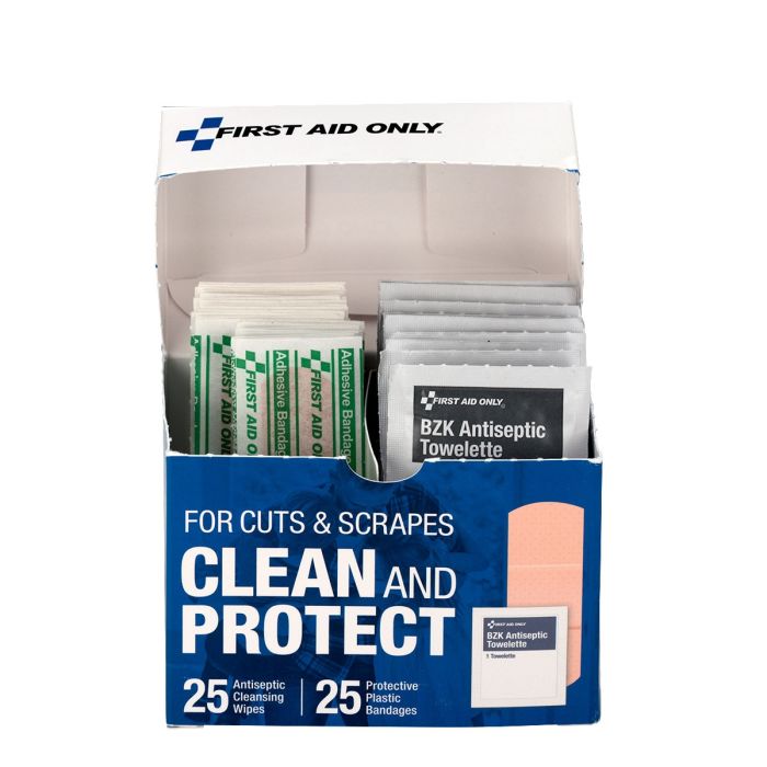 First Aid Only Clean And Protect For Cuts & Scrapes With 25 BZK Antiseptic Wipes And 25 Protective Plastic Bandages, 1"" X 3"" And 3/4"" X 3""