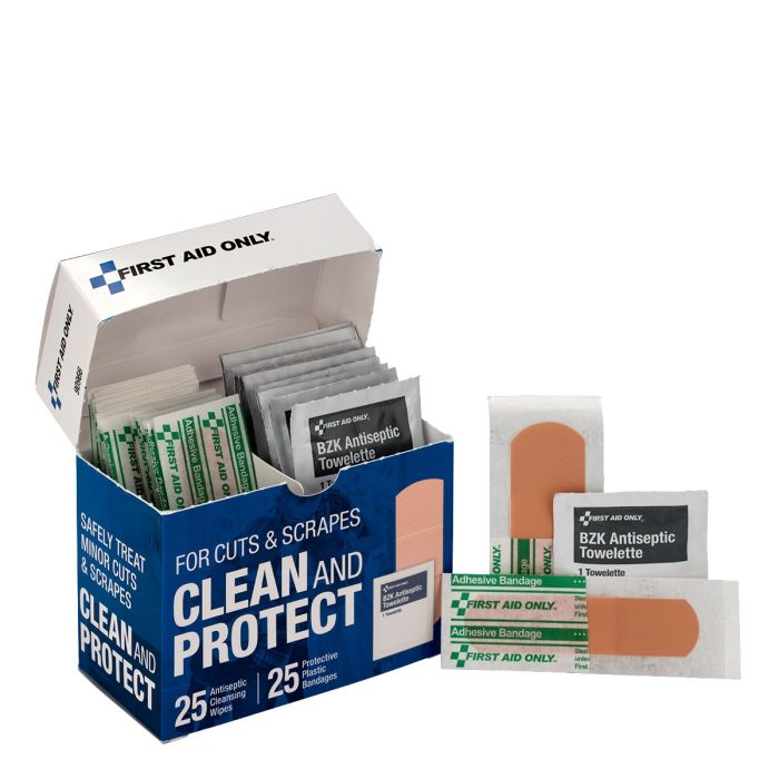 First Aid Only Clean And Protect For Cuts & Scrapes With 25 BZK Antiseptic Wipes And 25 Protective Plastic Bandages, 1"" X 3"" And 3/4"" X 3""