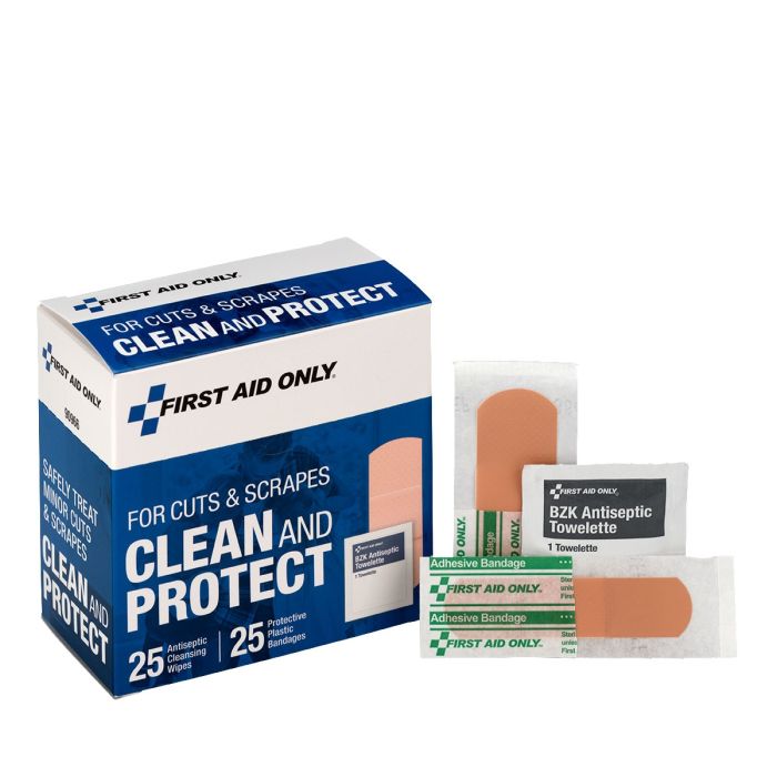 First Aid Only Clean And Protect For Cuts & Scrapes With 25 BZK Antiseptic Wipes And 25 Protective Plastic Bandages, 1"" X 3"" And 3/4"" X 3""