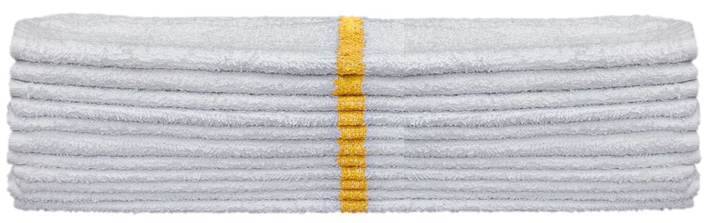 KSE bar mops, 100% cotton, white with gold center stripe, stack of 12