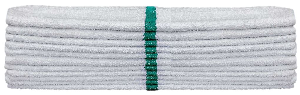 KSE bar mops, 100% cotton, white with green center stripe, stack of 12