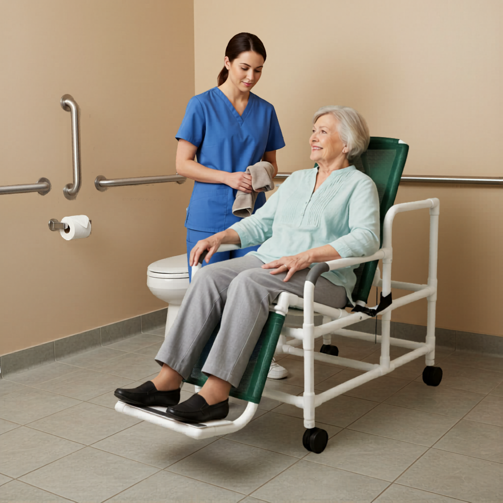 MJM International 193-TIS Tilt "N" Space Shower Chair With Open Front Soft Seat, Buckle Safety Belt, Double Drop Arms, 250 Lbs Weight Capacity