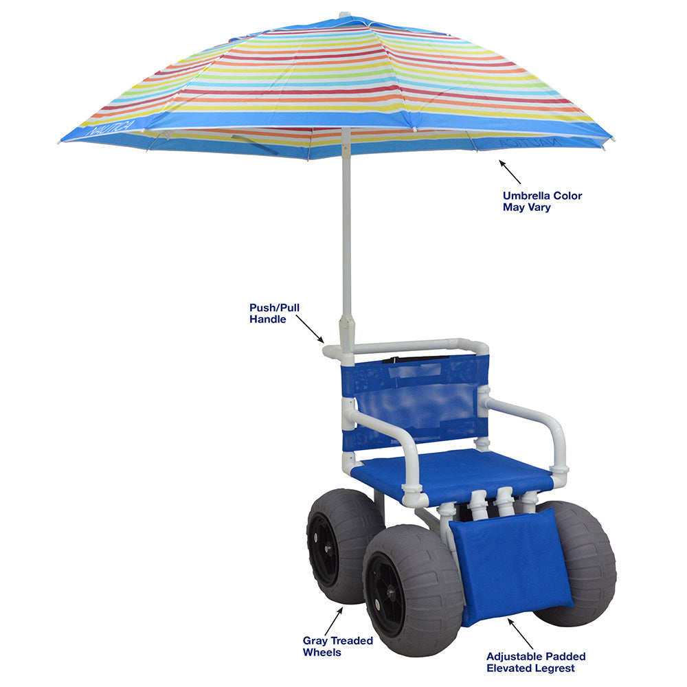 MJM International 722-ATC-ELR-YLW-GRYW-UMB-KD All Terrain Beach Wheelchair with Umbrella Heavy Duty Wheels Non-Corrosive Plastic Bearings, 2 Swivel And 2 Rigid Wheels, Padded Cushion Seat, User-Friendly Elevating Leg Rest