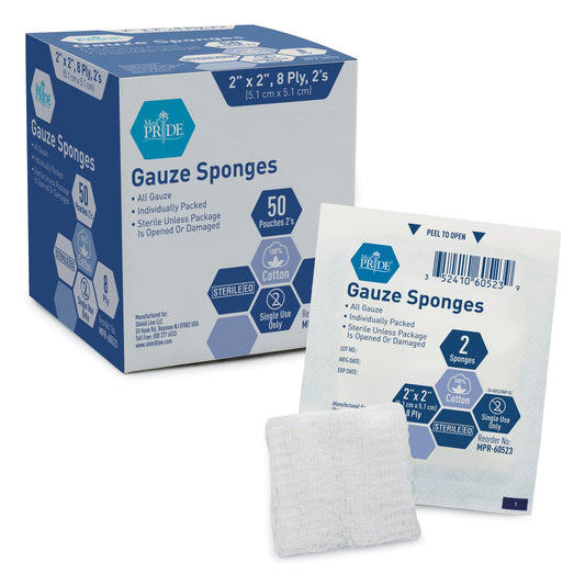 MedPride Sterile Surgical Gauze Sponge - 2's, 2"x2" - 8 Ply - 50/Box, Case of 30 (3000 Count)