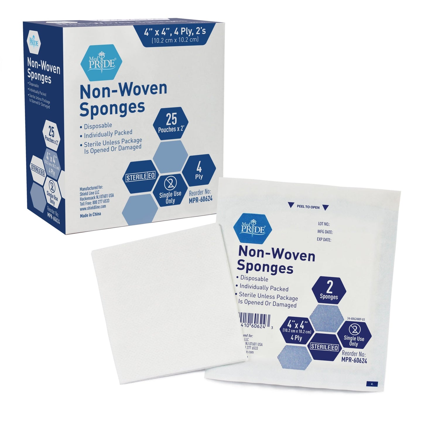 MedPride Non-Woven Surgical Sponges, Sterile First Aid Wound Care Dressing Sponge,4-Ply, 2'S - 25/Box, Case of 24 (1,200 Count)