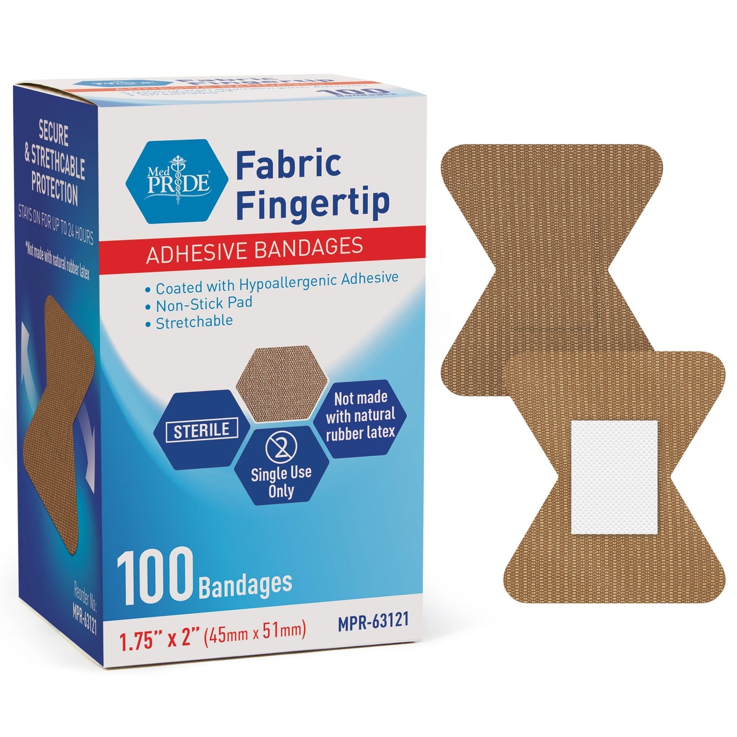 MedPride Sterile Fabric Fingertip Adhesive Bandages, 1.75" x 2" - 100/Box, Case of 24 (2400 Count)