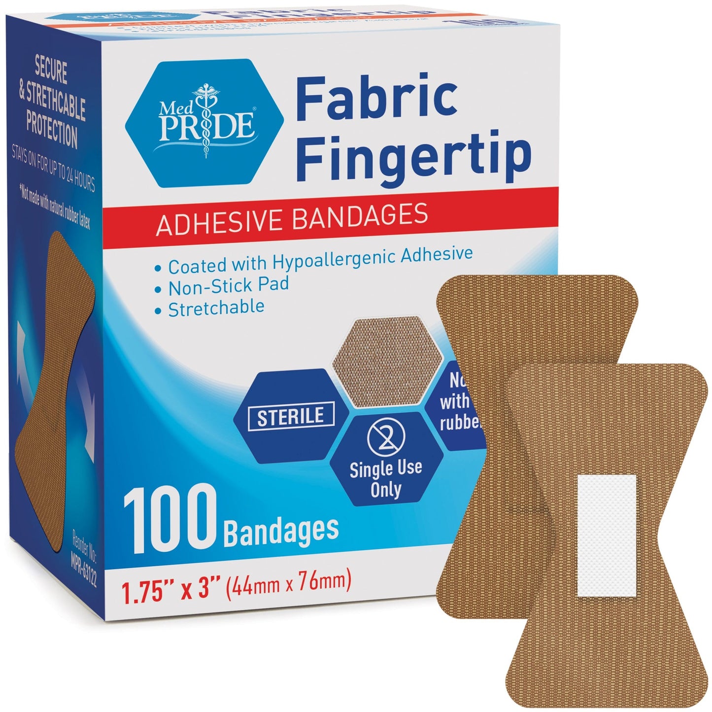 MedPride Sterile Fabric Fingertip Adhesive Bandages, 1.75" x 3" - 100/Box, Case of 24 (2400 Count)