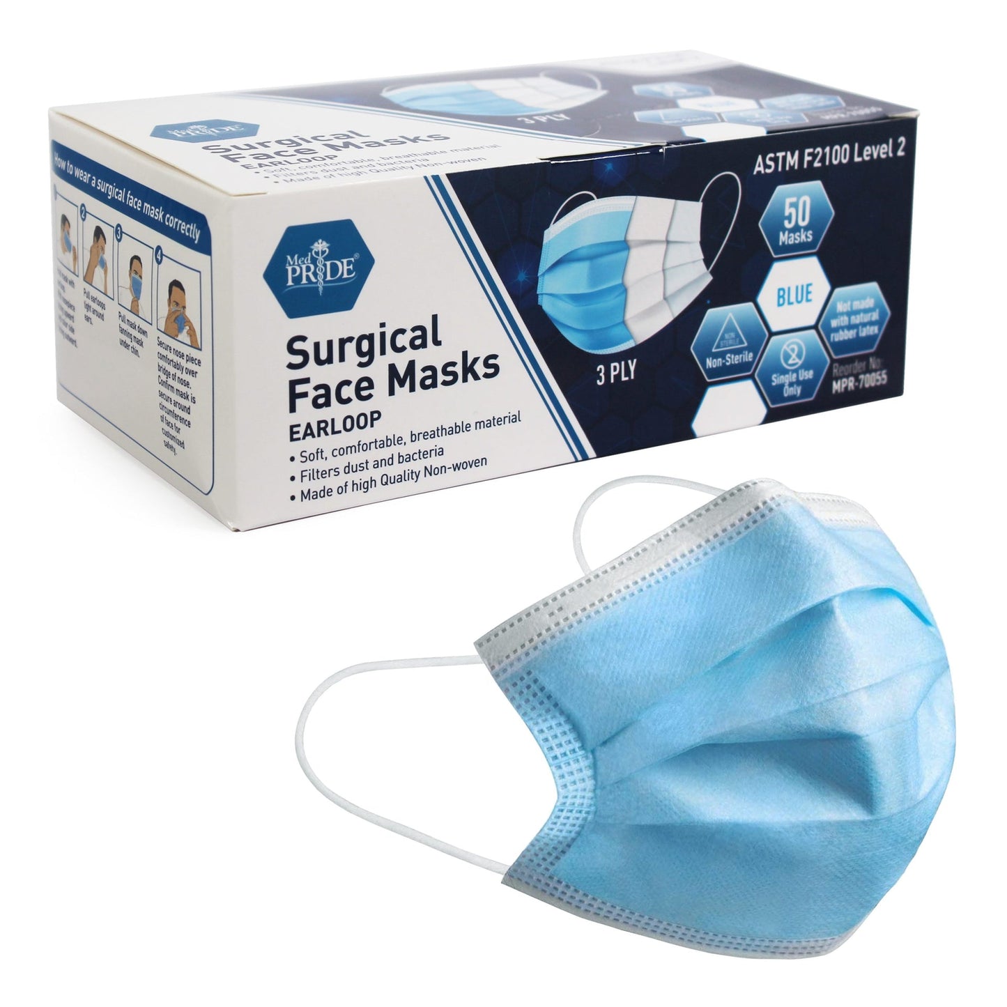 Med Pride Surgical Face Mask, Ear Loop - Level 2 - Blue - 50/Box, Case of 20 (1000 Count)