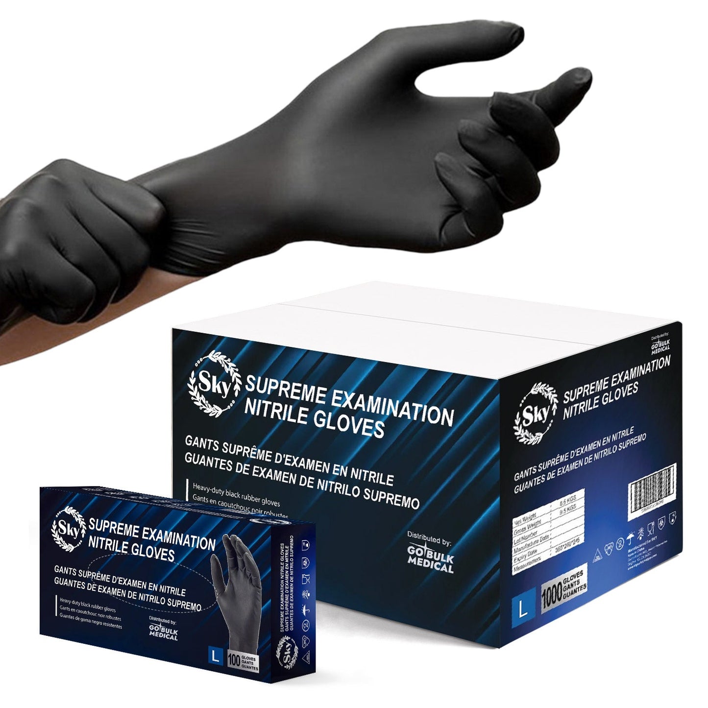 Sky Black Nitrile Exam Gloves - Case of 1000, 5 mil Thick, Powder-Free, Non-Sterile, Heavy Duty Disposable Gloves