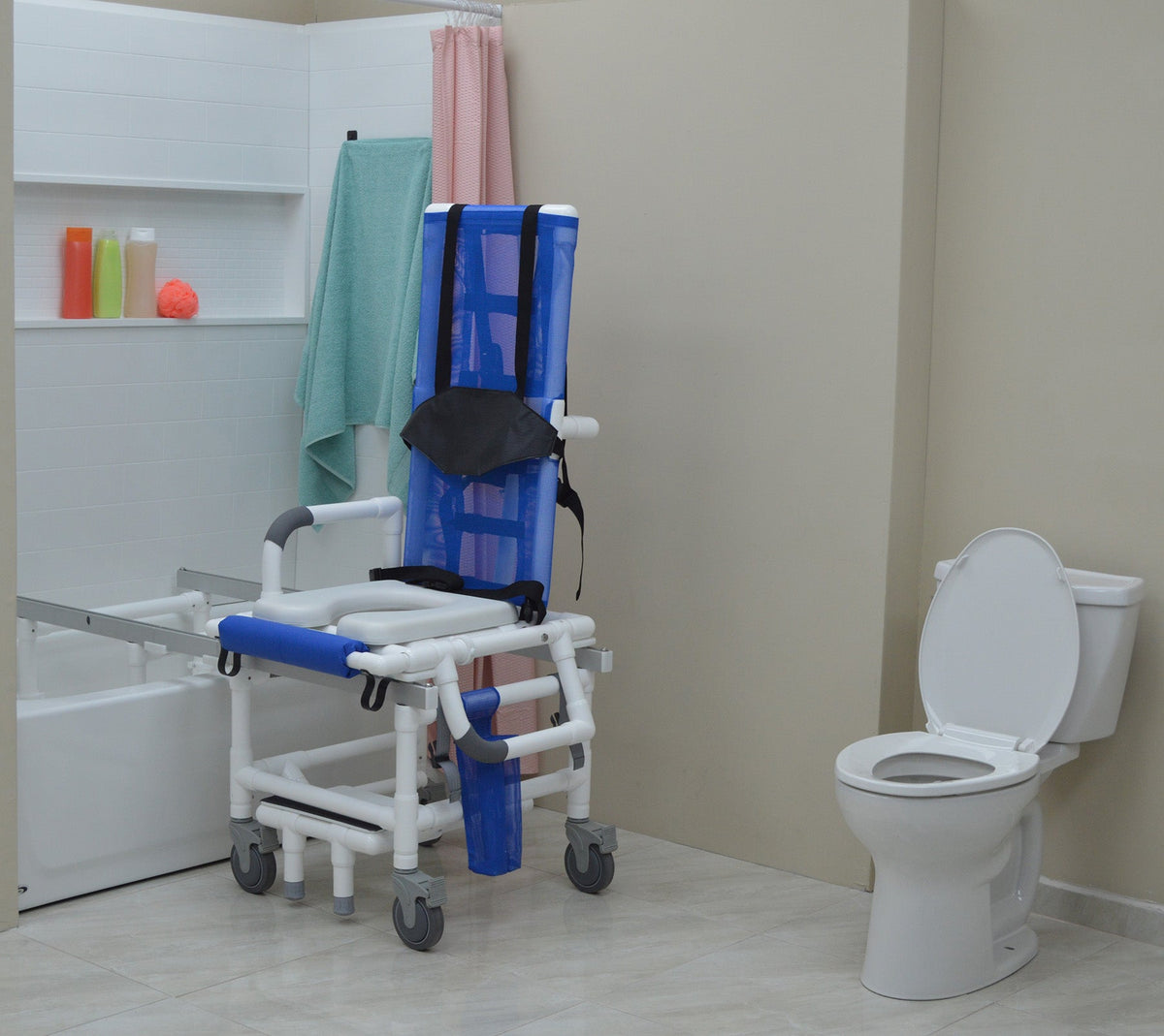 Reclining Shower Transfer Chair with Open-Front Seat: Lateral Transfer Design, Adjustable Recline & Locking Casters