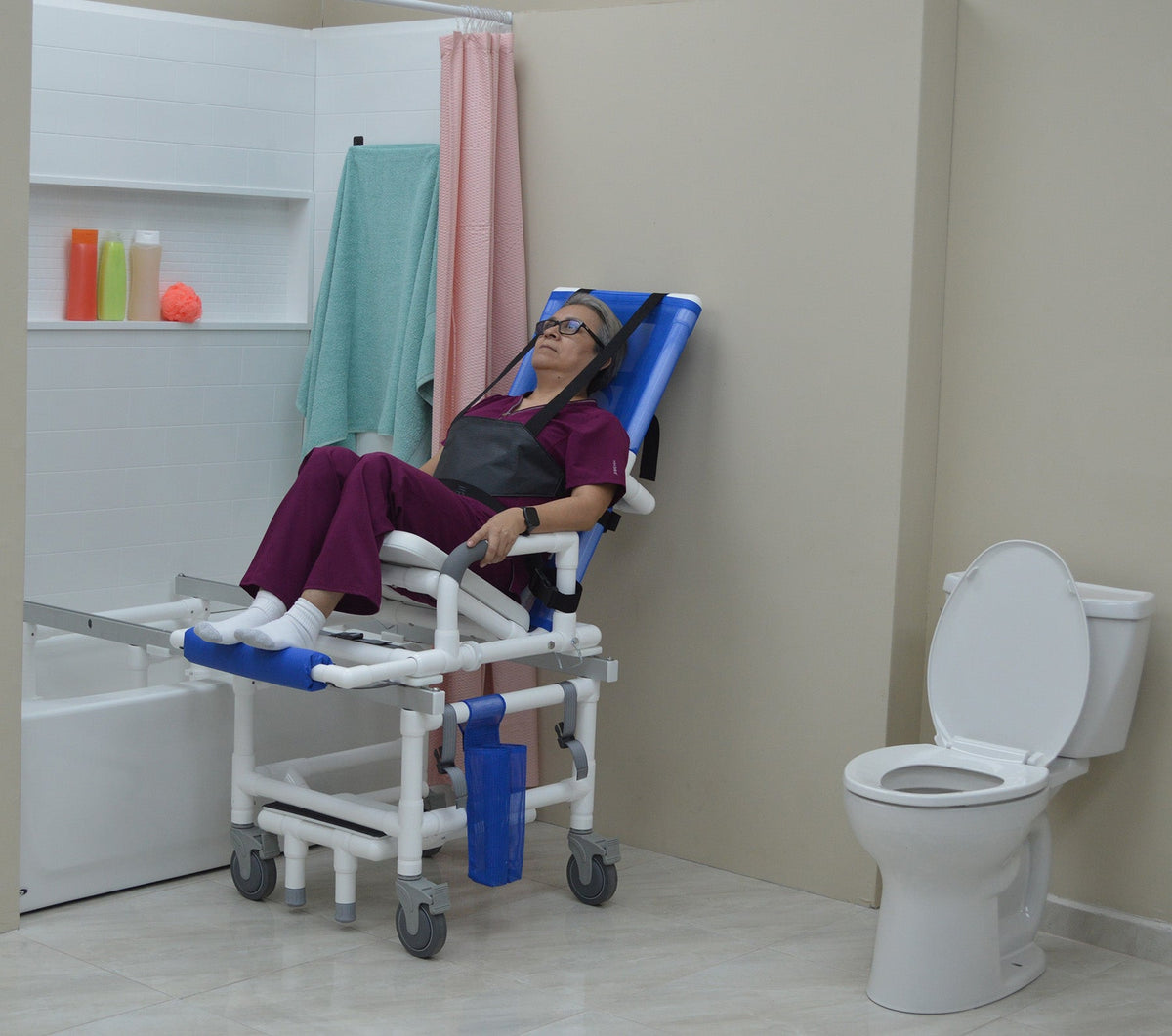 Reclining Shower Transfer Chair with Open-Front Seat: Lateral Transfer Design, Adjustable Recline & Locking Casters
