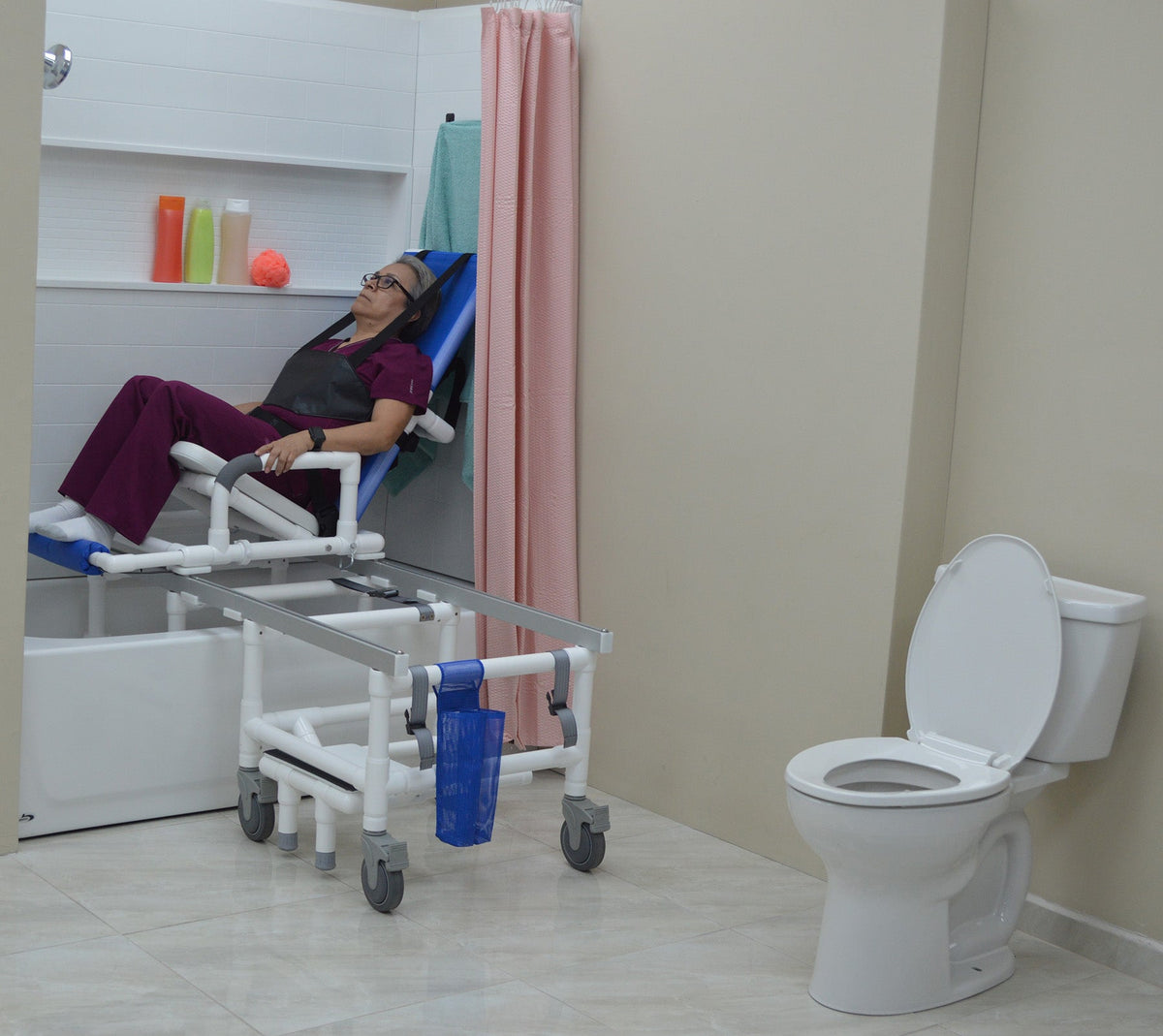 Reclining Shower Transfer Chair with Open-Front Seat: Lateral Transfer Design, Adjustable Recline & Locking Casters