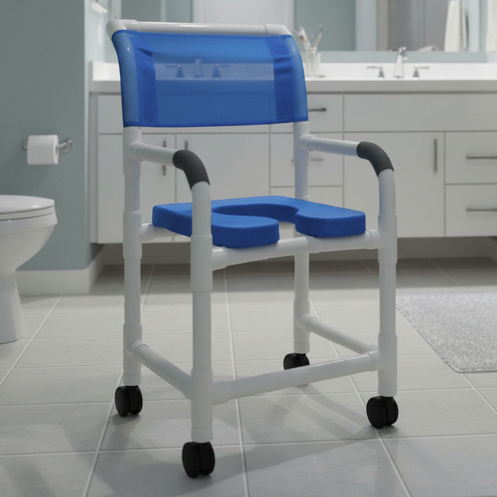 MJM International 118-3TW-SSDE-BL Shower Chair 18" Internal Width, 3" Twin Casters, Blue Open Front Soft Seat, 300 lbs Weight Capacity
