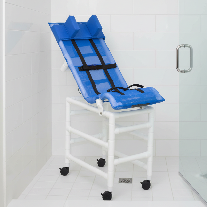 MJM International 191-LC-B-HB Reclining Bath Chair Large with Double Base and Head Bolster, 180 lbs Capacity, 41.5" Seat Height x 45" Length x 19.75" Width, Royal Blue
