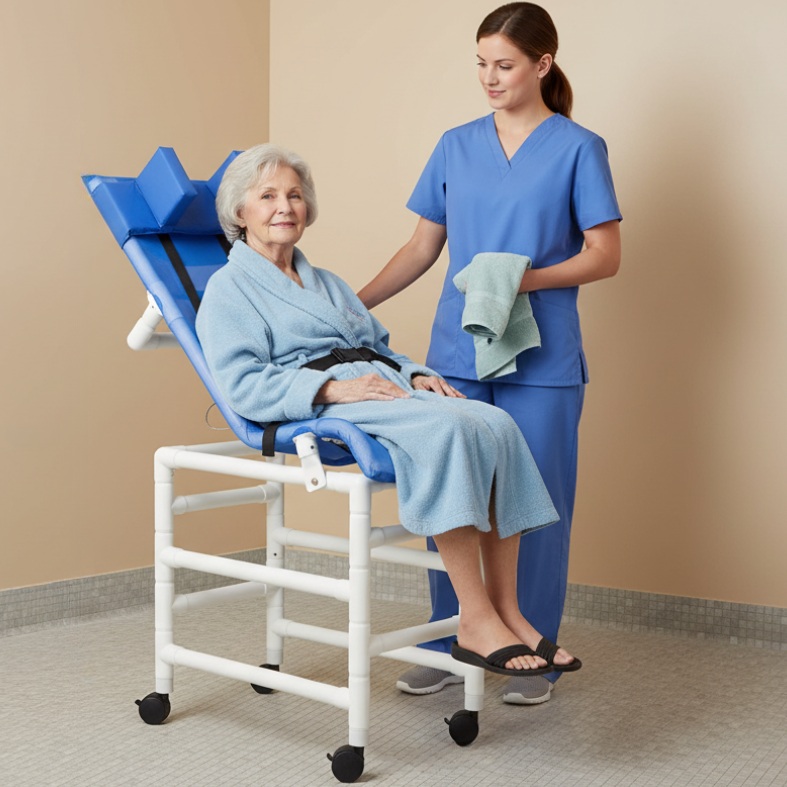 MJM International 191-LC-B-HB Reclining Bath Chair Large with Double Base and Head Bolster, 180 lbs Capacity, 41.5" Seat Height x 45" Length x 19.75" Width, Royal Blue