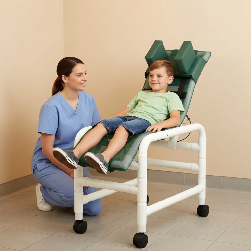 MJM International 191-MC-HB Reclining bath / shower chair (MEDIUM), with base & casters, with head bolster, 130 lbs weight capacity