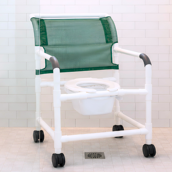 MJM International 126-4-NB Extra-wide Shower Chair 26" Internal Width, Open Front Seat0 Qt. Slide Out Commode Pail, 425 Lbs Weight Capacity
