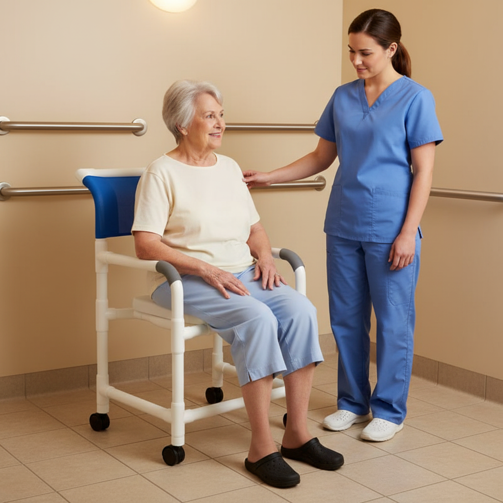 MJM International 122-3TW-SSDE Wide Shower Chair 22" Internal Width, 3" Twin Casters, Deluxe Elongated Open Front Soft Seat, 375 lbs Weight Capacity
