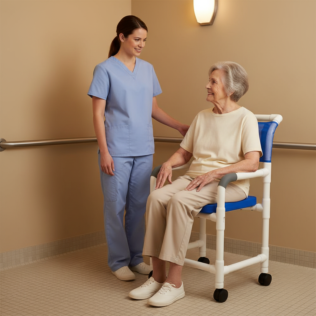 MJM International 118-3TW-SSDE-BL Shower Chair 18" Internal Width, 3" Twin Casters, Blue Open Front Soft Seat, 300 lbs Weight Capacity