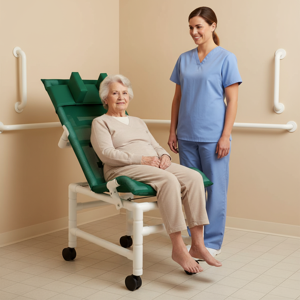 MJM International 191-LC-HB Reclining bath / shower chair (LARGE), with dual base & casters, head bolster, 180 lbs weight capacity