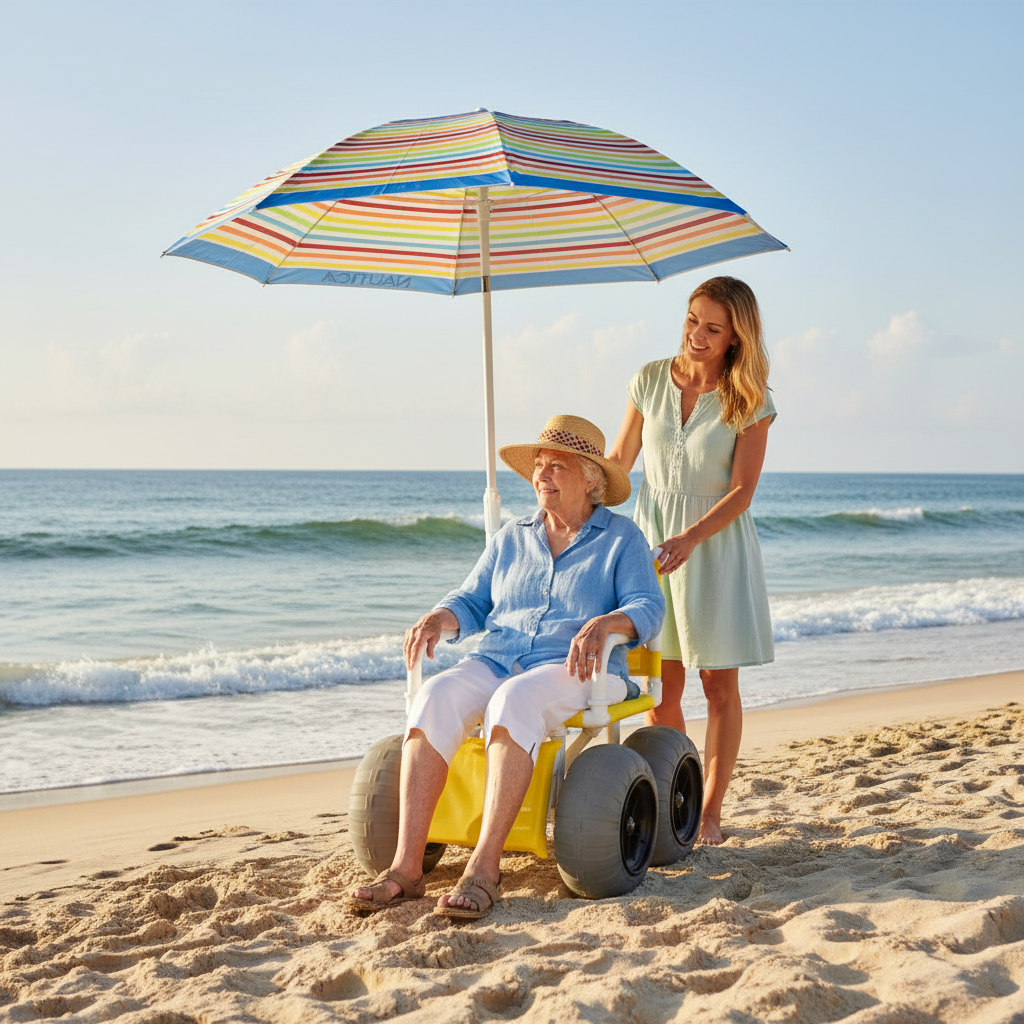 MJM International 722-ATC-ELR-YLW-GRYW-UMB-KD All Terrain Beach Wheelchair with Umbrella Heavy Duty Wheels Non-Corrosive Plastic Bearings, 2 Swivel And 2 Rigid Wheels, Padded Cushion Seat, User-Friendly Elevating Leg Rest