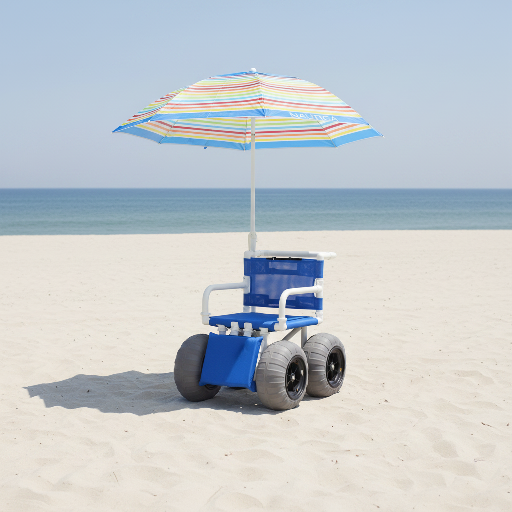 MJM International 722-ATC-ELR-YLW-GRYW-UMB-KD All Terrain Beach Wheelchair with Umbrella Heavy Duty Wheels Non-Corrosive Plastic Bearings, 2 Swivel And 2 Rigid Wheels, Padded Cushion Seat, User-Friendly Elevating Leg Rest