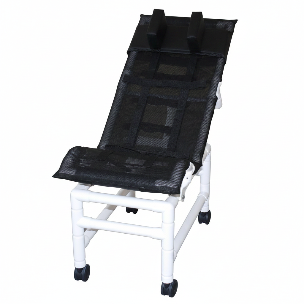 MJM International 191-LC-HB Reclining bath / shower chair (LARGE), with dual base & casters, head bolster, 180 lbs weight capacity