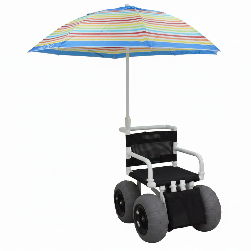 MJM International 722-ATC-ELR-YLW-GRYW-UMB-KD All Terrain Beach Wheelchair with Umbrella Heavy Duty Wheels Non-Corrosive Plastic Bearings, 2 Swivel And 2 Rigid Wheels, Padded Cushion Seat, User-Friendly Elevating Leg Rest