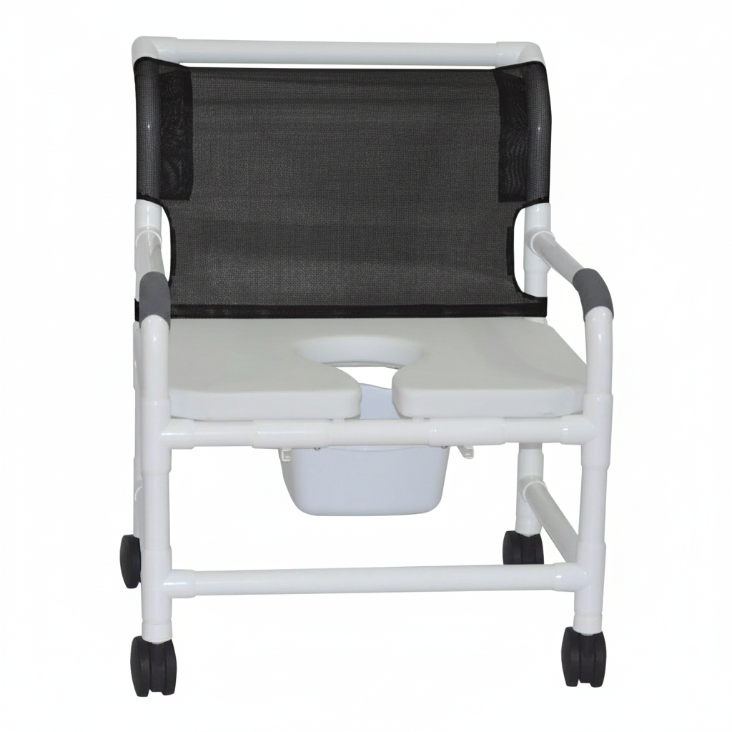 MJM International 126-4-NB-FSSS Extra-wide Shower Chair Fixed Arms PVC Frame Mesh Backrest with Pushbar 26 Inch Seat Width 425 lbs. Weight Capacity