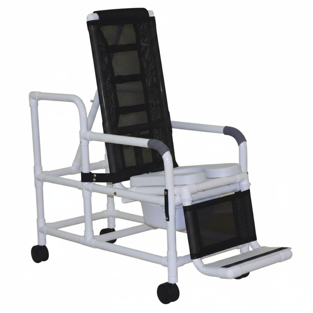 MJM International 193-TIS-SQ-PAIL Tilt "N" Space Shower Chair With Open Front Soft Seat, Buckle Safety Belt And Double Drop Arms, 250 Lbs Weight Capacity