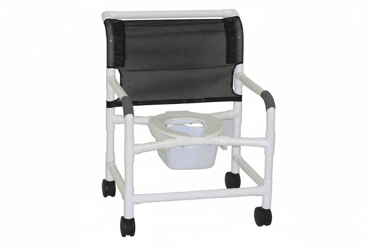 MJM International 126-4-NB Extra-wide Shower Chair 26" Internal Width, Open Front Seat0 Qt. Slide Out Commode Pail, 425 Lbs Weight Capacity