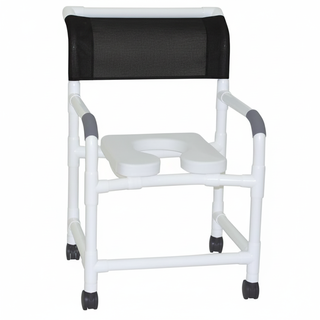 MJM International 122-3TW-SSDE Wide Shower Chair 22" Internal Width, 3" Twin Casters, Deluxe Elongated Open Front Soft Seat, 375 lbs Weight Capacity