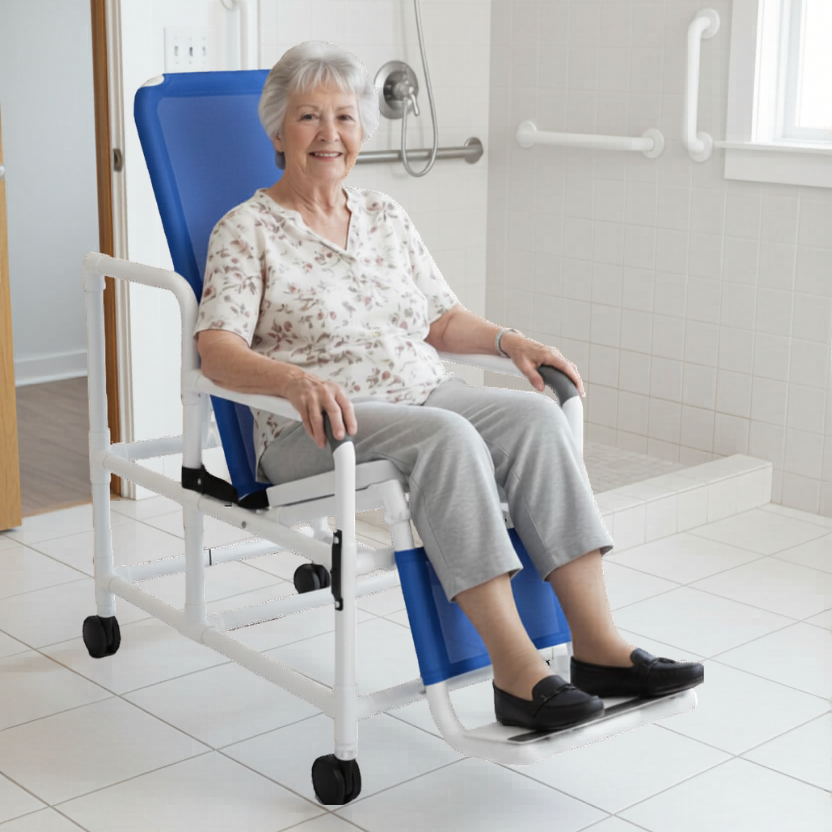 MJM International 193-TIS-SQ-PAIL Tilt "N" Space Shower Chair With Open Front Soft Seat, Buckle Safety Belt And Double Drop Arms, 250 Lbs Weight Capacity