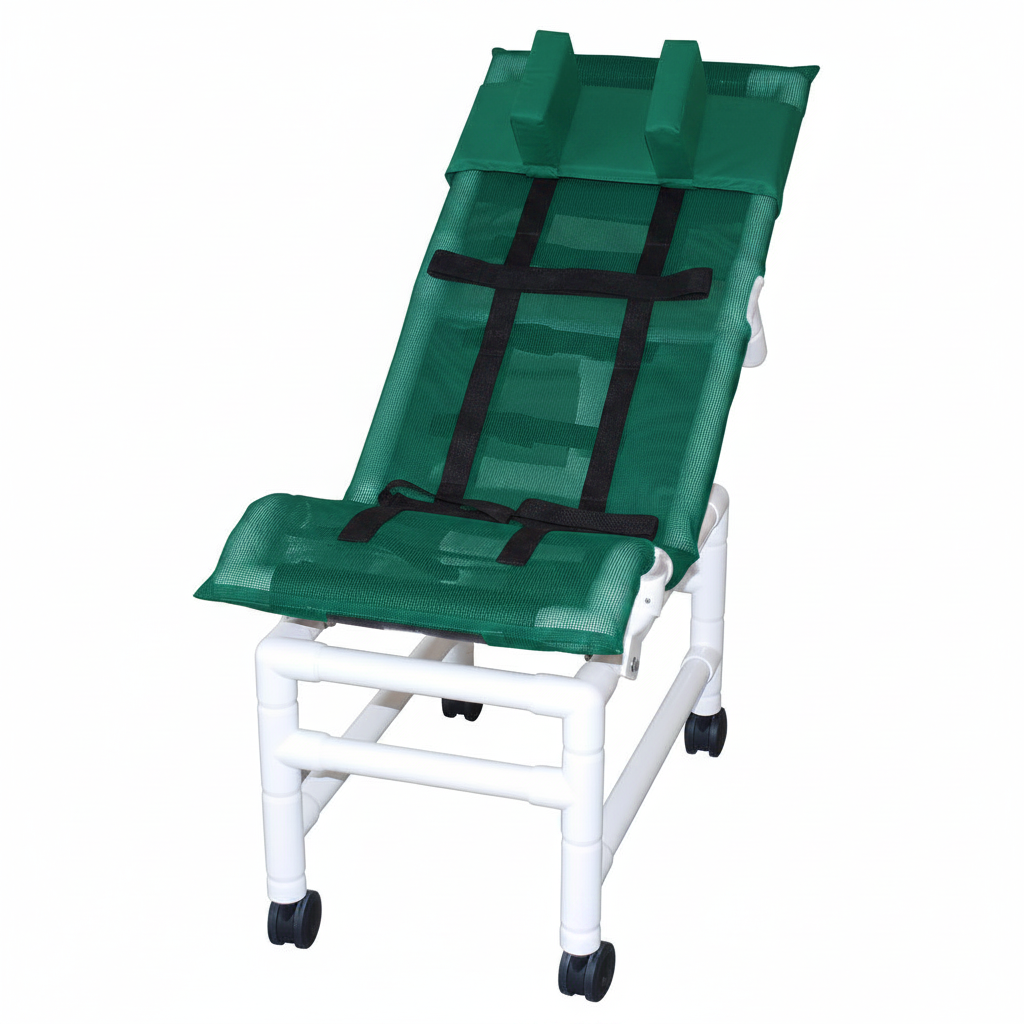 MJM International 191-LC-HB Reclining bath / shower chair (LARGE), with dual base & casters, head bolster, 180 lbs weight capacity