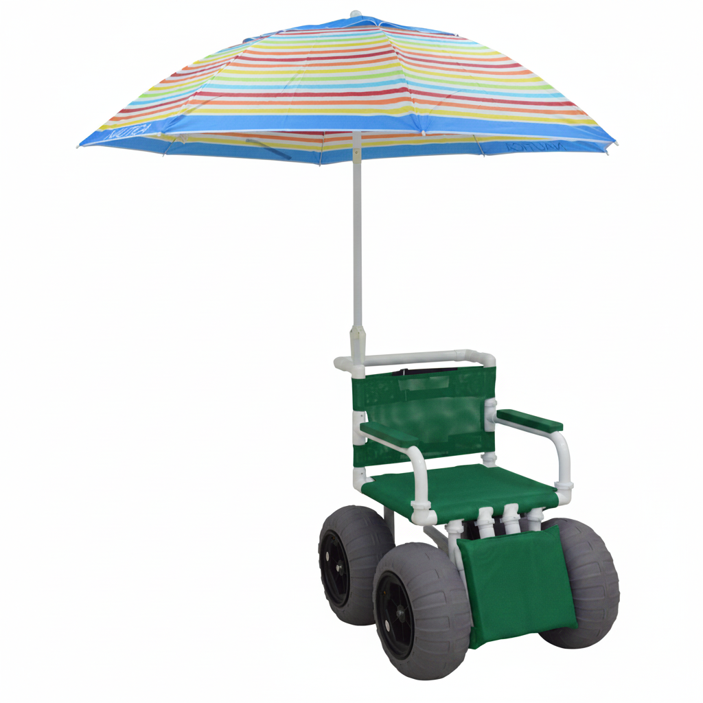 MJM International 722-ATC-ELR-YLW-GRYW-UMB-KD All Terrain Beach Wheelchair with Umbrella Heavy Duty Wheels Non-Corrosive Plastic Bearings, 2 Swivel And 2 Rigid Wheels, Padded Cushion Seat, User-Friendly Elevating Leg Rest