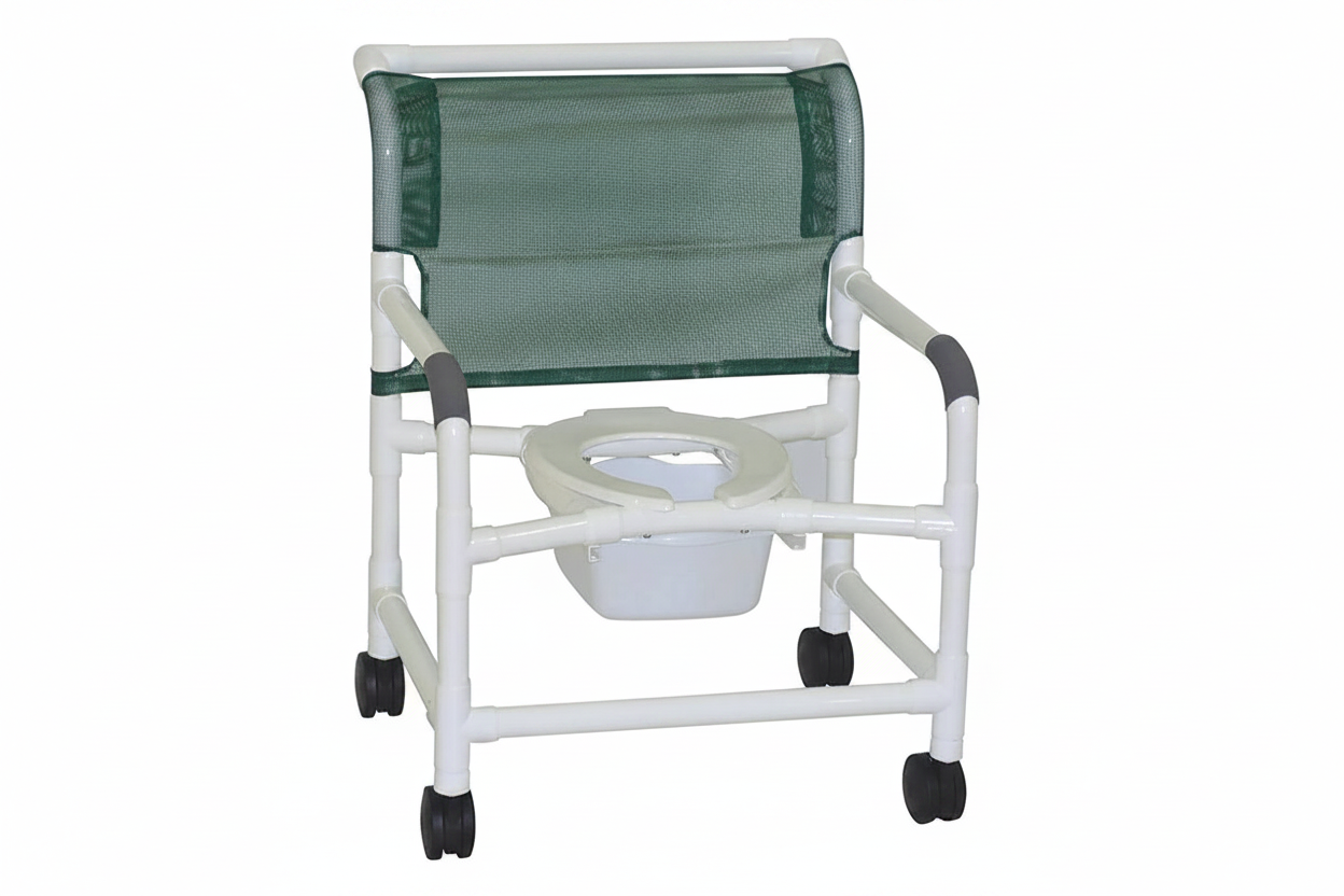 MJM International 126-4-NB Extra-wide Shower Chair 26" Internal Width, Open Front Seat0 Qt. Slide Out Commode Pail, 425 Lbs Weight Capacity