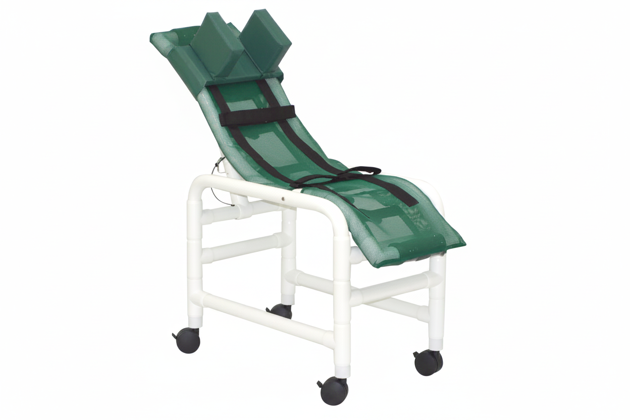 MJM International 191-MC-HB Reclining bath / shower chair (MEDIUM), with base & casters, with head bolster, 130 lbs weight capacity