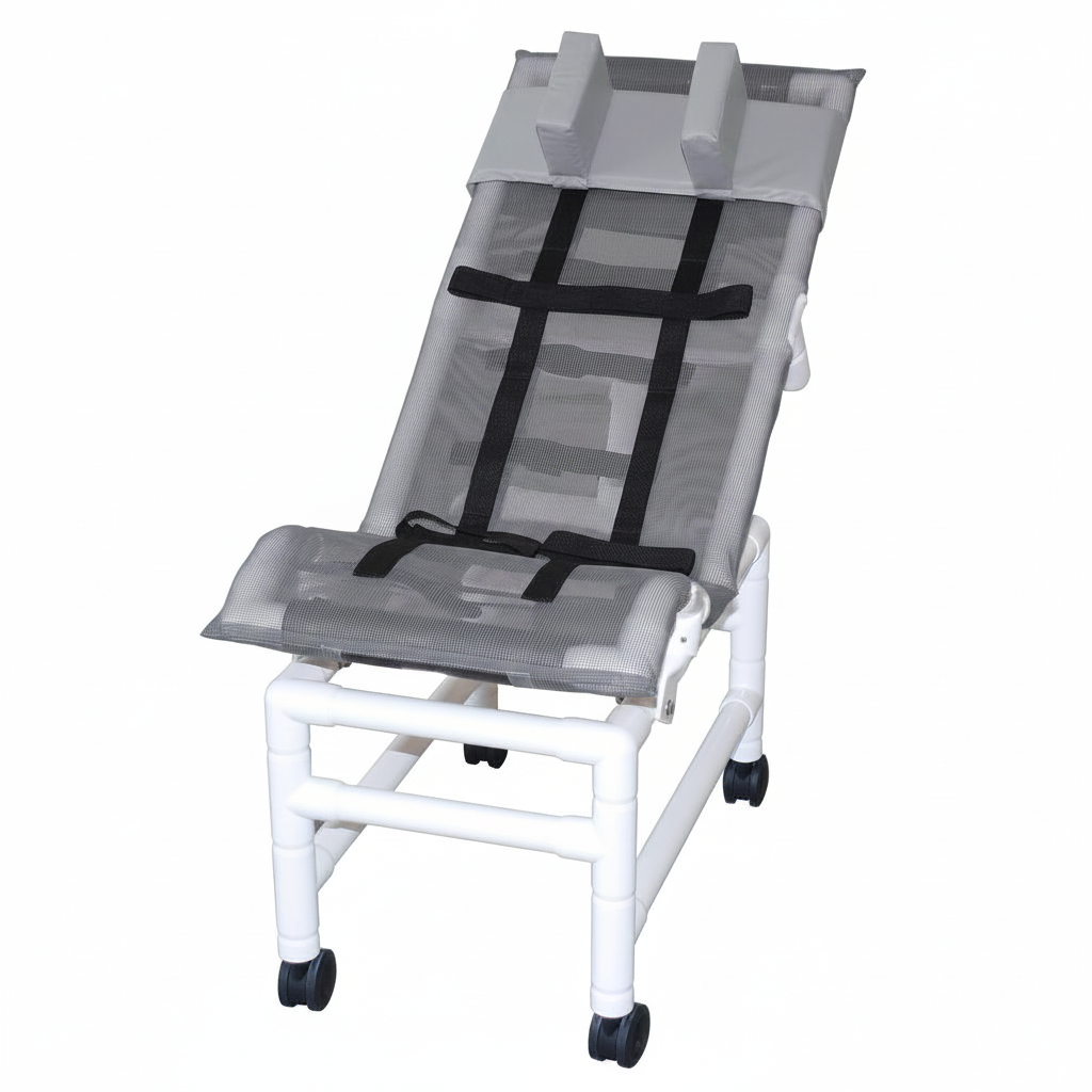 MJM International 191-LC-HB Reclining bath / shower chair (LARGE), with dual base & casters, head bolster, 180 lbs weight capacity
