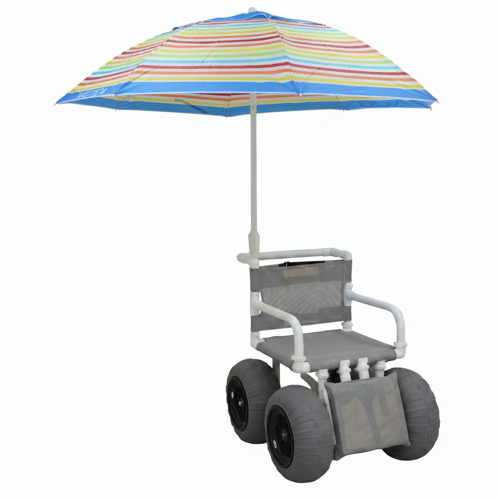 MJM International 722-ATC-ELR-YLW-GRYW-UMB-KD All Terrain Beach Wheelchair with Umbrella Heavy Duty Wheels Non-Corrosive Plastic Bearings, 2 Swivel And 2 Rigid Wheels, Padded Cushion Seat, User-Friendly Elevating Leg Rest