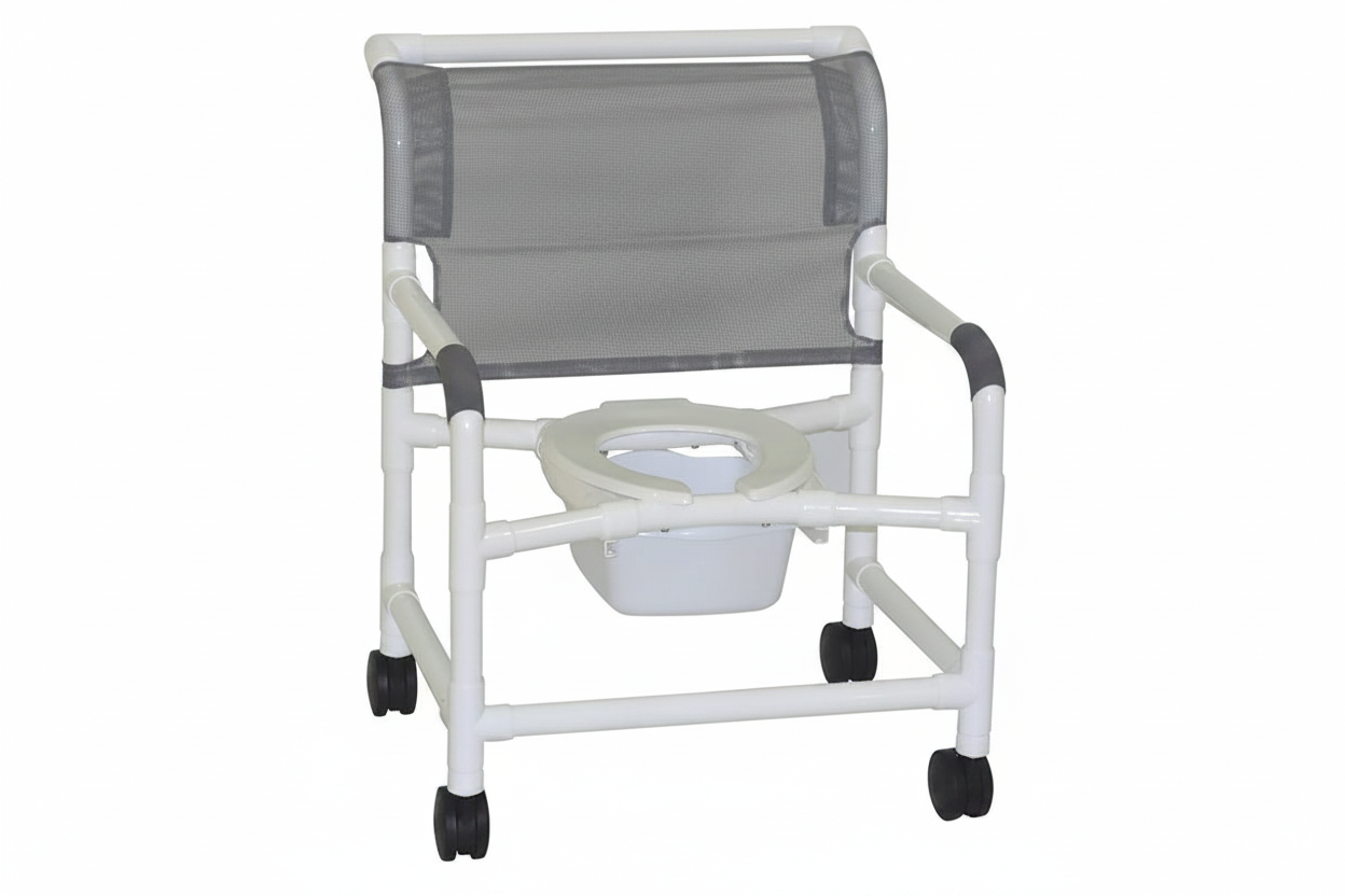 MJM International 126-4-NB Extra-wide Shower Chair 26" Internal Width, Open Front Seat0 Qt. Slide Out Commode Pail, 425 Lbs Weight Capacity