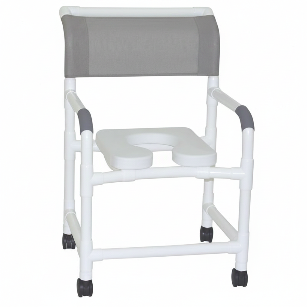 MJM International 122-3TW-SSDE Wide Shower Chair 22" Internal Width, 3" Twin Casters, Deluxe Elongated Open Front Soft Seat, 375 lbs Weight Capacity