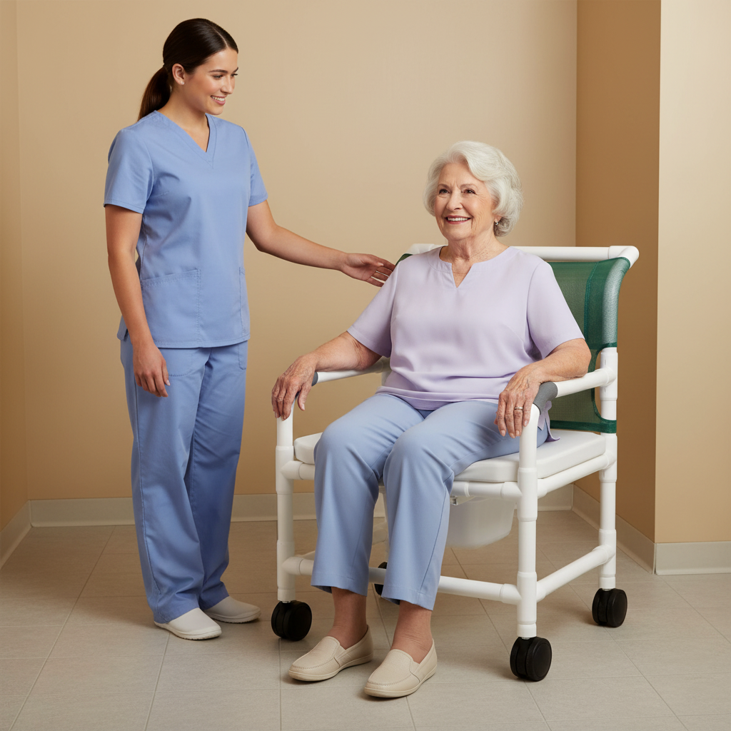 MJM International 126-4-NB-FSSS Extra-wide Shower Chair Fixed Arms PVC Frame Mesh Backrest with Pushbar 26 Inch Seat Width 425 lbs. Weight Capacity