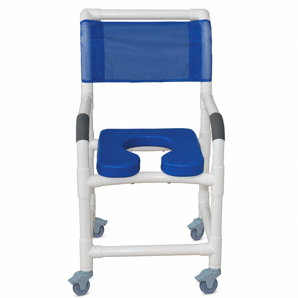 MJM International 118-3TL-SSDE-BL Shower Chair 18" Internal Width, 3" Total locking Casters, Blue Open Front Soft Seat, 300 lbs Weight Capacity