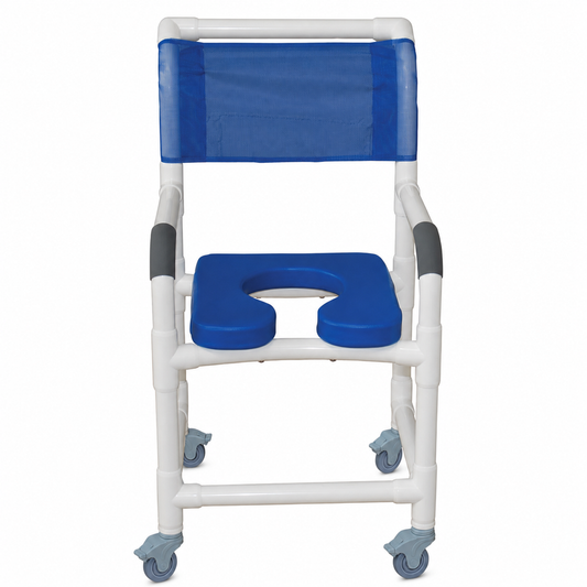 MJM International 118-3TL-SSDE-BL Shower Chair 18" Internal Width, 3" Total locking Casters, Blue Open Front Soft Seat, 300 lbs Weight Capacity