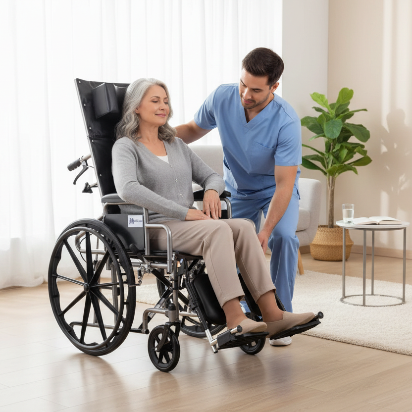 Lifestyle image of the reclining wheelchair in a bright modern home setting