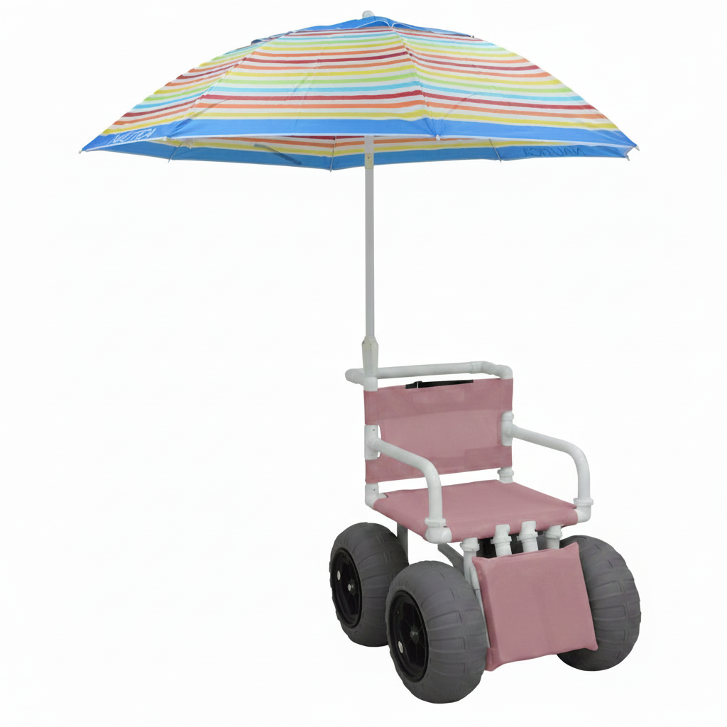 MJM International 722-ATC-ELR-YLW-GRYW-UMB-KD All Terrain Beach Wheelchair with Umbrella Heavy Duty Wheels Non-Corrosive Plastic Bearings, 2 Swivel And 2 Rigid Wheels, Padded Cushion Seat, User-Friendly Elevating Leg Rest