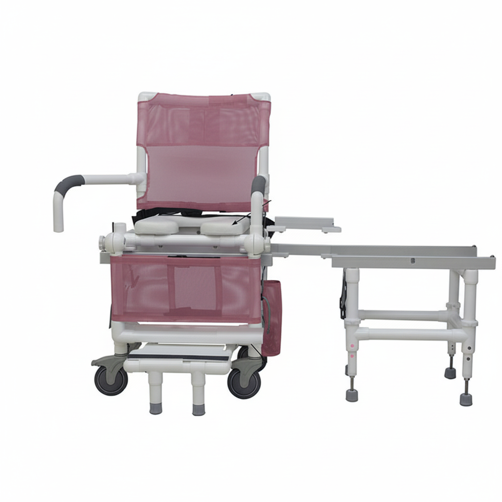 MJM International D118-5-SLIDE-N Deluxe All Purpose Dual Shower Chair/Transfer Bench (Excellent Lateral Transfer), Open Front Soft Seat, Buckle Safety Belt, Double Drop Arms, 5" x 1 1/4" Heavy Duty Casters, 300 lbs Weight Capacity